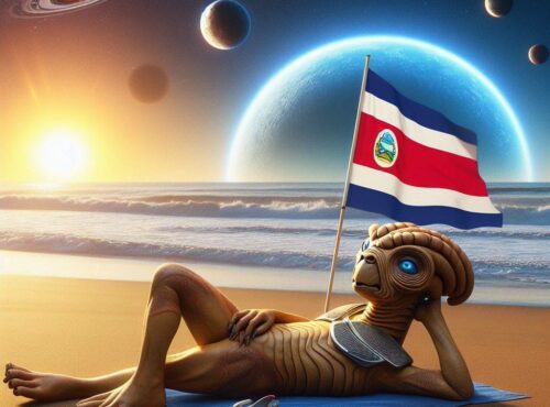 Bild zeigt einen Ferengi am Strand mit der Flagge von Costa Rica.